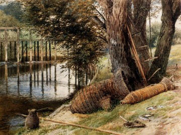  My Pintura - Ollas de anguila a orillas de un río paisaje victoriano Myles Birket Foster